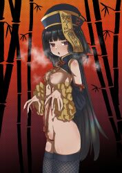  1girl @_@ ass bare_shoulders black_hair black_thighhighs breasts cleft_of_venus commentary_request detached_collar fingernails fishnet_thighhighs fishnets hat heavy_breathing highres jiangshi long_fingernails long_hair looking_at_viewer navel nipples open_mouth original pussy pussy_peek qingdai_guanmao red_nails sema_(mekemeke_king) sharp_fingernails solo thighhighs two_side_up variant_set 