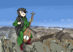  1girl belt black_hair blue_eyes boots eyepatch highres instrument long_hair lord_of_the_sea mongolian_spot mountainous_horizon music original outdoors playing_instrument ponytail red_footwear smile solo very_long_hair 