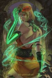  1girl ancient_greek_clothes ass asymmetrical_arms black_sclera blonde_hair bone colored_sclera dress glowing_arm greco-roman_clothes green_lips hades_(series) hades_2 highres laurel_crown melinoe_(hades) mismatched_sclera orange_dress red_eyes see-through_body short_hair skeletal_arm solo yaminokuni 