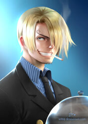 1boy artist_name black_necktie blonde_hair cigarette clenched_teeth commentary curly_eyebrows english_commentary facial_hair formal hair_over_one_eye male_focus mouth_hold necktie one_eye_covered one_piece realistic sanji_(one_piece) sebijy short_hair signature smile smoke smoking solo suit teeth watermark web_address 