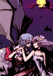  2girls adapted_costume bare_shoulders bat_wings blue_hair chemise cloud couple crescent crescent_hair_ornament eye_contact female_focus full_moon hair_ornament holding_hands long_hair looking_at_another moon multiple_girls night no_headwear no_headwear patchouli_knowledge purple_hair red_eyes remilia_scarlet short_hair silver_hair sketch sleeveless embodiment_of_scarlet_devil tima touhou wings yuri  rating:Sensitive score:8 user:ShadowbladeEdge