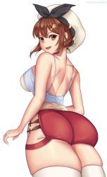 1girl ass ass_focus atelier_(series) atelier_ryza bare_shoulders blush breasts brown_eyes brown_hair from_behind from_below hair_between_eyes hair_ornament hair_ribbon hairclip hat huge_ass large_breasts looking_at_viewer melusmelon open_mouth red_shorts reisalin_stout ribbon shiny_skin short_hair short_shorts shorts sideboob smile solo thighhighs thighs white_background rating:Questionable score:16 user:armorcrystal