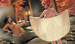 2girls arm_tattoo ass autumn_leaves back backboob bad_id bad_pixiv_id bare_arms bare_back bare_shoulders barefoot bath bathroom black_hair breasts choko_(cup) completely_nude cup curvy feet hair_bun large_breasts legs long_hair looking_at_viewer multiple_girls nami_(one_piece) nico_robin nipples nude one_piece onsen orange_hair partially_submerged see-through sidelocks single_hair_bun sitting smile soles standing steve_chopz tattoo thick_thighs thighs toes wide_hips rating:Questionable score:164 user:Mandos
