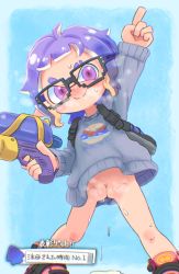  1girl backpack bag blush cleft_of_venus eyebrow_cut female_focus glasses heigen highres inkling inkling_girl inkling_player_character loli looking_at_viewer messy_hair nintendo no_panties pussy shoes short_hair smile solo splatoon_(series) split_mouth uncensored  rating:Explicit score:75 user:LoliconchatterDM