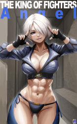  1girl abs angel angel_(kof) backless_pants blue_eyes boots bra breasts chaps cleavage crop_top cropped_jacket fingerless_gloves gloves hair_over_one_eye highres horns_pose index_fingers_raised jacket large_breasts leather leather_jacket looking_at_viewer midriff muscular muscular_female navel panties pants short_hair smile snk solo strapless strapless_bra swwhenry the_king_of_fighters the_king_of_fighters_xiv toned underwear white_hair 