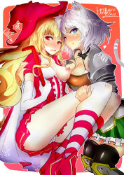  2girls animal_ears blush breasts earrings elbow_gloves fu_(counting01) gloves hat highres jewelry kneehighs medium_breasts multiple_girls nipples open_mouth original panties red_eyes saliva saliva_trail silver_hair small_breasts socks striped_clothes striped_legwear striped_socks tongue underwear white_gloves white_panties yuri  rating:Questionable score:13 user:danbooru
