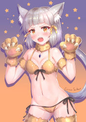 1girl animal_ear_fluff animal_ears animal_hands artist_name bare_shoulders blush bra breasts brown_bra brown_panties cameltoe cat_ears cat_girl cat_tail cocoasabure collarbone cowboy_shot fangs front-tie_top fur_collar gloves gluteal_fold gradient_background groin hair_ribbon halloween hands_up highres long_hair looking_at_viewer medium_breasts navel nia_(xenoblade) nintendo open_mouth orange_eyes panties paw_gloves ribbon short_hair side-tie_panties silver_hair solo spoilers star_(symbol) stomach tail thighhighs underwear very_long_hair xenoblade_chronicles_(series) xenoblade_chronicles_2 rating:Questionable score:32 user:danbooru