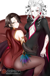 2girls ass bare_shoulders black_eyes black_nails breasts brown_hair cinder_fall cleavage cleavage_cutout clothing_cutout colored_sclera earrings elbow_gloves feathers from_behind gloves highres jewelry kimmy77 large_breasts multiple_girls multiple_piercings nail_polish pale_skin pantyhose patreon_logo red_sclera rwby salem_(rwby) scar scar_on_face sitting sitting_on_lap sitting_on_person watermark web_address white_hair wide_sleeves yellow_eyes rating:Sensitive score:42 user:danbooru