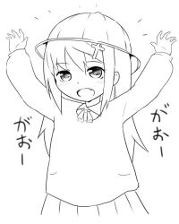 1girl arms_up child eyebrows hat kindergarten_uniform long_hair looking_at_viewer monochrome open_mouth original solo uniform upper_body white_background yurarin rating:Sensitive score:1 user:Domestic_Importer
