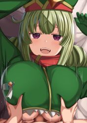  1boy 1girl absurdres ahoge alternate_breast_size araga_kiwi blush breasts breasts_squeezed_together censored clothed_female_nude_male coat commentary_request double_bun green_hair green_hat green_sleeves hair_bun hat hetero highres huge_breasts jacket leoparde_(mahou_shoujo_ni_akogarete) looking_at_viewer mahou_shoujo_ni_akogarete mero_en_e military_coat military_hat military_jacket mole mole_under_eye mosaic_censoring nude open_mouth paizuri paizuri_under_clothes penis perpendicular_paizuri pov pov_crotch simple_background smile solo_focus translation_request very_long_sleeves  rating:Explicit score:10 user:danbooru