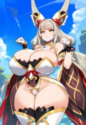  1girl ai-generated animal_ears bare_shoulders breasts cleavage curvy gem gloves grey_hair hair_ornament headpiece highres huge_breasts jewelry large_breasts leotard long_hair looking_at_viewer nenelulucy nia_(blade)_(xenoblade) nia_(xenoblade) solo sweat thick_thighs thighhighs thighs tiara very_long_hair wide_hips xenoblade_chronicles_(series) xenoblade_chronicles_2 yellow_eyes  rating:Questionable score:26 user:SadSap