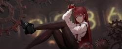  1girl absurdres arm_up black_footwear black_pantyhose black_shorts blue_eyes blurry blurry_background boots can chinese_commentary closed_mouth daisy_(pixiv_44378470) dr_pepper gears highres holding holding_can jacket legs long_hair long_sleeves looking_at_viewer makise_kurisu nixie_tube number_background pantyhose pantyhose_under_shorts red_hair shirt shoes short_shorts shorts sitting solo steins;gate straight_hair very_long_hair white_shirt 