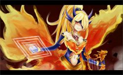  10s 1girl 2012 artist_request bare_shoulders blonde_hair blue_gloves breasts centauroid cleavage cowboy_shot dated dragon dragon_devil_queen_dragoon dragon_girl duel_monster dust elbow_gloves eyes_visible_through_hair female_focus fire gloves hair_ornament hair_over_one_eye harp highres holding horns instrument letterboxed long_hair long_image looking_at_viewer midriff navel ponytail queen_dragoon queen_dragun_djinn red_eyes serious solo taur wallpaper wide_image wings yu-gi-oh! yu-gi-oh!_duel_monsters  rating:Sensitive score:19 user:danbooru