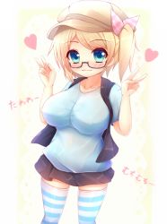 1girl blonde_hair blue_eyes blush borrowed_character breasts double_v glasses hat kane-neko large_breasts original short_hair solo striped_clothes striped_thighhighs thighhighs v rating:Sensitive score:14 user:danbooru