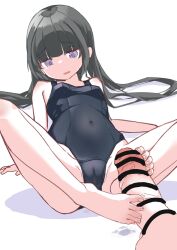 1girl barefoot black_hair cameltoe chinmerit feet footjob long_hair one-piece_swimsuit parted_lips purple_eyes swimsuit toes 