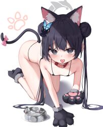  1girl absurdres all_fours animal_collar animal_ears animal_hands ass bikini black_bikini black_eyes black_gloves black_hair blue_archive blush breasts cat_ears cat_paws cat_tail collar double_bun extra_ears gloves hair_bun highres kisaki_(blue_archive) loli long_hair looking_at_viewer micro_bikini nanochie paw_gloves simple_background small_breasts solo swimsuit tail tongue tongue_out twintails white_background  rating:Questionable score:50 user:danbooru