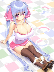  1girl arm_support bare_shoulders blenheim_cavalier blush breasts brown_thighhighs character_name checkered_floor cleavage dog hair_between_eyes hair_ribbon highres huge_breasts legs_together long_hair looking_down on_floor open_mouth oppai_loli original pink_eyes pink_ribbon pink_skirt puppy purple_hair ribbon riko_(shuz) shiny_skin shoes shortstack shuz_(dodidu) sitting skindentation skirt tank_top tareme thighhighs twintails twitter_username very_long_hair white_tank_top zettai_ryouiki  rating:Questionable score:88 user:type_moll
