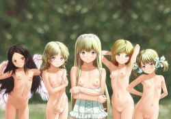  5girls :o armpits arms_behind_back arms_behind_head arms_up black_hair blonde_hair blue_eyes blush bow breasts censored cleft_of_venus collarbone dress dress_tug flat_chest forest frills grass groin hair_bow hairband highres holding holding_own_arm kobayashi_yuji loli long_hair looking_at_viewer mosaic_censoring multiple_girls nature navel nipples nude original outdoors pussy ribbon ribs short_hair short_twintails small_breasts smile thighs twintails very_long_hair yellow_eyes  rating:Explicit score:211 user:danbooru