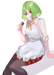  1girl :p absurdres alternate_costume apron arm_support breasts brown_pantyhose candy chocolate chocolate_heart closed_mouth collared_shirt commentary cowboy_shot food green_hair hair_between_eyes heart highres holding holding_chocolate holding_food kazami_yuuka looking_at_viewer maid_apron medium_breasts neck_ribbon pantyhose plaid plaid_skirt red_eyes red_skirt ribbon shadow shirt short_hair short_sleeves simple_background sitting skirt sleeves_rolled_up solo tohoyuukarin tongue tongue_out touhou valentine white_apron white_background white_shirt yellow_ribbon 