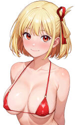  1girl absurdres areola_slip bare_shoulders bikini blonde_hair blush breasts closed_mouth collarbone commentary_request covered_erect_nipples hair_ribbon halterneck highres large_breasts looking_at_viewer lycoris_recoil micro_bikini nishikigi_chisato o-ring o-ring_bikini o-ring_top portrait raiden_(kdsn3783) red_bikini red_eyes red_ribbon ribbon shiny_skin short_hair simple_background smile solo swimsuit white_background 