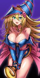  1girl :d bare_shoulders blonde_hair blue_dress blue_hat breasts cleavage dark_magician_girl dress duel_monster green_eyes hair_between_eyes hat highres holding holding_staff large_breasts long_hair looking_at_viewer open_mouth short_dress smile solo staff synchroman teeth upper_teeth_only wizard_hat yu-gi-oh!  rating:Sensitive score:9 user:danbooru