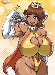  1boy 1girl bare_shoulders blue_eyes breasts brown_hair cleavage cleavage_cutout clothing_cutout crown dark-skinned_female dark_skin dot_nose earrings elbow_gloves eyelashes flower_earrings giant giantess gloves hand_on_own_hip highres huge_breasts jewelry leotard lifting_person luigi mario_(series) mini_person muscular muscular_female navel navel_cutout nintendo one_eye_closed outline polka_dot polka_dot_background princess_daisy shiny_clothes shiny_skin short_hair size_difference skindentation smile standing star_(symbol) tonshirou_(christar) white_gloves white_outline wide_hips wink yellow_leotard 
