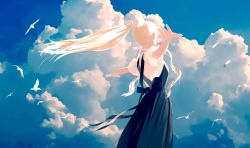  1girl air_(visual_novel) backless_outfit black_dress blonde_hair blue_sky bow cloud day dress floating_hair from_side hair_bow hands_up highres kamio_misuzu long_hair oomiya_io outdoors outstretched_arms puffy_short_sleeves puffy_sleeves short_sleeves sky solo white_bow  rating:Sensitive score:3 user:danbooru