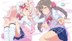  2girls :x ;3 ahoge arm_up ass bead_bracelet beads blue_scrunchie blue_skirt blush bow bowtie bracelet braid breasts brown_eyes candy cardigan cardigan_around_waist cellphone closed_mouth clothes_around_waist collarbone collared_shirt colored_inner_hair commentary_request dress_shirt drill_hair eyelashes feet_out_of_frame fingernails food grey_hair grin gyaru hair_between_eyes hair_bow hair_ornament hair_tie hairclip hand_up highres holding holding_candy holding_food holding_lollipop jewelry knees_up kogal lips logo_parody lollipop long_fingernails long_hair looking_at_viewer loose_bowtie loose_socks lying miniskirt multicolored_hair multiple_girls nail_polish official_alternate_costume on_back on_side one_eye_closed onii-chan_wa_oshimai! outline oyama_mahiro oyama_mihari panties panty_peek phone pink_cardigan pink_hair pink_nails pink_outline plaid plaid_skirt pleated_skirt purple_hair purple_sweater_vest rabbit_hair_ornament red_bow red_bowtie rubber_band school_uniform scrunchie shiina_excel shirt siblings simple_background single_braid sisters skirt sleeves_rolled_up small_breasts smartphone smile socks streaked_hair sweater_vest twin_drills underwear v vest white_background white_panties white_shirt white_socks wrist_bow wrist_scrunchie wristband 