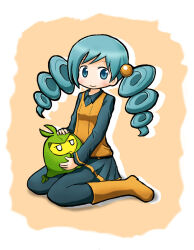  1girl ace_trainer_(pokemon) black_pantyhose black_shirt black_skirt blue_eyes blue_hair blush boots breasts brown_background brown_footwear brown_vest closed_mouth collared_shirt commentary_request creatures_(company) dress_shirt drill_hair drooling full_body game_freak gen_5_pokemon knee_boots long_sleeves looking_at_viewer naga_u nintendo pantyhose pleated_skirt pokemon pokemon_(creature) shirt sitting skirt small_breasts smile swadloon twintails two-tone_background vest wariza white_background 