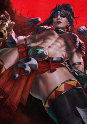  1girl abs absurdres armor belt black_sclera blonde_hair breasts cleavage colored_sclera earrings hades_(series) hades_2 hand_on_own_hip highres holding holding_sword holding_weapon hoop_earrings jewelry large_breasts looking_at_viewer monori_rogue nemesis_(hades) solo spread_legs supergiant_games sword thighhighs toned_female underboob updo weapon yellow_eyes  rating:Sensitive score:8 user:danbooru