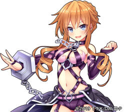  1girl bare_shoulders blue_eyes braid breasts bridal_gauntlets chain cleavage crown_braid cuffs date_a_live drill_hair edamame_senpai garter_straps looking_at_viewer low_twintails medium_breasts navel official_art open_mouth orange_hair sidelocks solo twin_drills twintails upper_body v-shaped_eyebrows vivid_army white_background yamai_kaguya 