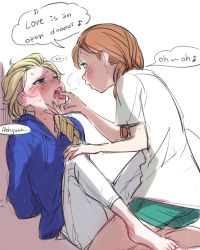 2girls a-ka anna_(frozen) barefoot between_legs blush casual cosplay elsa_(frozen) english_text finger_in_another&#039;s_mouth frozen_(disney) incest jack_frost_(rise_of_the_guardians) jack_frost_(rise_of_the_guardians)_(cosplay) kneeling multiple_girls music open_mouth shorts siblings simple_background singing sisters sitting tears tongue tongue_grab tongue_out yuri rating:Questionable score:90 user:danbooru