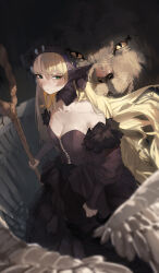  1girl absurdres animal bare_shoulders black_dress blurry blurry_foreground breasts bright_pupils cleavage collarbone depth_of_field detached_sleeves dress dungeon_meshi frilled_dress frills fur_trim green_eyes head_hold highres holding holding_staff lace_trim lion long_dress long_hair long_sleeves marcille_donato medium_breasts pointy_ears shuohis solo_focus staff strapless very_long_hair white_pupils yellow_eyes 