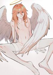  1boy androgynous angel angel_devil_(chainsaw_man) angel_wings arm_support censored chainsaw_man collarbone expressionless feet full_body gloves hair_between_eyes halo highres long_hair looking_up male_focus messy_hair navel nipples nude on_ground penguin_jun reclining ribs simple_background sitting solo spread_legs thighhighs trap white_background white_gloves white_thighhighs wing_censor wings  rating:Questionable score:89 user:danbooru