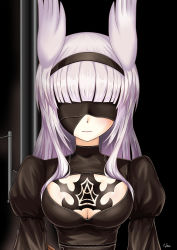  1girl animal_ears black_dress blindfold blunt_bangs breasts cleavage cleavage_cutout clothing_cutout cosplay cyber_(cyber_knight) dress hairband head_wings heidimarie_w._schnaufer highres light_purple_hair long_hair long_sleeves nier:automata nier_(series) puffy_long_sleeves puffy_sleeves see-through solo strike_witches upper_body wings world_witches_series 2b_(nier:automata) 2b_(nier:automata)_(cosplay) yorha_unit_no._2_type_b yorha_unit_no._2_type_b_(cosplay) 