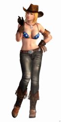 3d bikini bikini_top_only blonde_hair blue_eyes cowboy_hat cowboy_western dead_or_alive dead_or_alive_5 denim hat highres jeans official_art pants swimsuit tecmo tina_armstrong rating:Sensitive score:26 user:Tairon