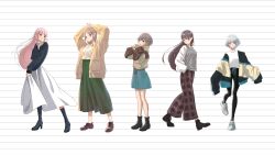  5girls absurdres arms_up bang_dream! bang_dream!_it&#039;s_mygo!!!!! black_footwear black_pants black_sweater blue_eyes blue_shorts boots brown_cardigan brown_eyes brown_footwear brown_hair brown_sweater cardigan chihaya_anon closed_mouth commentary_request green_skirt grey_eyes grey_hair grey_sweater_vest grin hands_in_pockets heterochromia high_heel_boots high_heels highres jacket kaname_raana leggings long_hair long_sleeves looking_at_viewer mole mole_under_eye multiple_girls mygo!!!!!_(bang_dream!) nagasaki_soyo off_shoulder open_cardigan open_clothes open_jacket pants parted_lips pink_hair plaid plaid_pants purple_eyes purple_pants shiina_taki shirt shoes short_hair shorts shu_atelier skirt skirt_hold sleeves_past_fingers sleeves_past_wrists smile sneakers standing standing_on_one_leg striped_background sweater sweater_vest takamatsu_tomori turtleneck turtleneck_sweater walking white_background white_footwear white_hair white_shirt white_skirt 