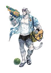  1boy abs animal_ears arknights bag bandaid bandaid_on_knee bandaid_on_leg bara black_shorts bulge carrying_bag claws cocowas35031414 cross_scar eyewear_on_head facial_scar flip-flops floral_print food fruit furry furry_male highres holding holding_water_gun looking_at_viewer male_focus mountain_(arknights) muscular muscular_male open_clothes open_shirt pawpads pectorals ponytail sandals scar scar_across_eye scar_on_cheek scar_on_face shirt shorts shoulder_bag smile sunglasses tail tiger_boy tiger_ears tiger_stripes tiger_tail water_gun watermelon white_background white_shirt 