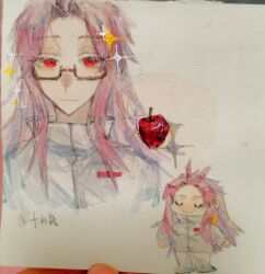  1boy :3 absurdres antenna_hair chibi chinese_commentary closed_eyes closed_mouth commentary_request glasses hatsutori_hajime he_jing highres long_hair long_sleeves looking_at_viewer male_focus multiple_views painting_(medium) pants parted_bangs pink_hair portrait rectangular_eyewear red_eyes saibou_shinkyoku semi-rimless_eyewear shirt smile sparkle traditional_media watercolor_(medium) white_pants white_shirt 
