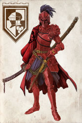  1girl armor cape cervus emblem gauntlets greaves helmet highres katana knight ootachi pixiv_fantasia pixiv_fantasia_5 solo sword weapon  rating:Sensitive score:23 user:danbooru