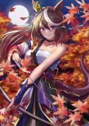 1girl absurdres animal_ears arrow_(projectile) autumn_leaves bare_shoulders bow bow_(weapon) breasts brown_hair chakuma_(yiyh1468) chest_sarashi choker collar elbow_gloves eye_trail fall full_moon gloves highres horse_ears horse_girl horse_tail japanese_clothes kimono leaf light_trail lightning lightning_glare looking_at_viewer medium_breasts moon official_alternate_costume outdoors purple_eyes sarashi solo symboli_rudolf_(archer_of_the_white_moon)_(umamusume) symboli_rudolf_(umamusume) tail umamusume weapon white_hair