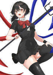 1girl :o absurdres asymmetrical_wings black_dress black_hair black_thighhighs black_wristband breasts covered_navel dress highres holding holding_polearm holding_weapon houjuu_nue kuraki looking_at_viewer medium_breasts mismatched_wings polearm red_eyes short_sleeves solo thighhighs touhou weapon wings zettai_ryouiki 