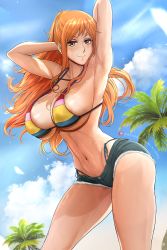 1girl armpits ass bare_arms bare_shoulders blush breasts brown_eyes cleavage curvy hip_focus huge_breasts krabbytheartist large_breasts long_hair looking_at_viewer nami_(one_piece) navel nude one_piece orange_hair smile solo stomach swimsuit thick_thighs thighs underboob wide_hips  rating:Questionable score:114 user:Ruffy16
