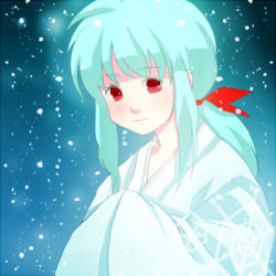 1girl female_focus gradient_background green_hair japanese_clothes kimono long_hair lowres nagisa404 ponytail red_eyes snow solo yukina_(yu_yu_hakusho) yuu_yuu_hakusho 