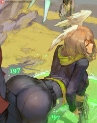 1boy 1girl ass bent_over black_bodysuit black_jacket blue_eyes blush bodysuit breasts brown_hair bulge buttjob buttjob_over_clothes commentary_request cutesexyrobutts duplicate erection erection_under_clothes eunie_(xenoblade) green_hoodie head_wings hetero highres hood hoodie jacket large_breasts long_sleeves looking_back naughty_face noah_(xenoblade) pixel-perfect_duplicate red_jacket smile solo_focus staff teasing watermark weapon web_address white_wings wings xenoblade_chronicles_(series) xenoblade_chronicles_3 rating:Questionable score:338 user:danbooru