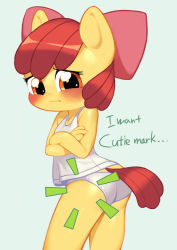 1girl apple_bloom ass bare_shoulders blush bow crossed_arms english_text frown furry hair_bow inuki_(aruurara) my_little_pony my_little_pony:_friendship_is_magic orange_eyes panties personification pout red_hair short_hair simple_background tail tank_top underwear white_background white_panties rating:Sensitive score:44 user:BlueBaroness