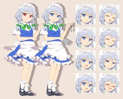 1girl 4rion absurdres apron back_bow black_footwear blue_dress blue_eyes bobby_socks bow braid breasts closed_eyes closed_mouth commentary_request dress expressions frilled_apron frilled_dress frills green_bow green_ribbon grey_background grey_hair hair_bow highres holding holding_knife holding_pocket_watch izayoi_sakuya knife mary_janes medium_hair neck_ribbon open_mouth pocket_watch puffy_short_sleeves puffy_sleeves red_eyes ribbon shirt shoes short_dress short_sleeves simple_background small_breasts socks standing tachi-e touhou twin_braids undershirt waist_apron watch white_apron white_bow white_shirt white_socks