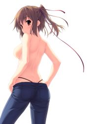 1girl black_panties blush breasts brown_eyes brown_hair cowboy_shot denim from_behind hair_ribbon hinata_nao jeans large_breasts looking_at_viewer looking_back open_mouth original panties pants ribbon short_hair side_ponytail simple_background solo thong tomboy topless underwear whale_tail_(clothing) white_background  rating:Questionable score:83 user:danbooru