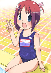  1girl amamiya_manami bad_id bad_pixiv_id blue_eyes commentary_request gakuen_utopia_manabi_straight! open_mouth pool poolside red_hair school_swimsuit solo swimsuit thighs v water zatunako15 