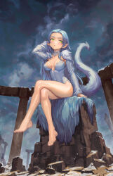  1girl bare_legs barefoot blue_hair blush breasts cloud dark_souls_(series) dark_souls_i dragon_girl dragon_tail green_eyes highres long_hair looking_at_viewer medium_breasts night parted_lips pointy_ears priscilla_the_crossbreed ruins sitting sky solo tail yugen99 